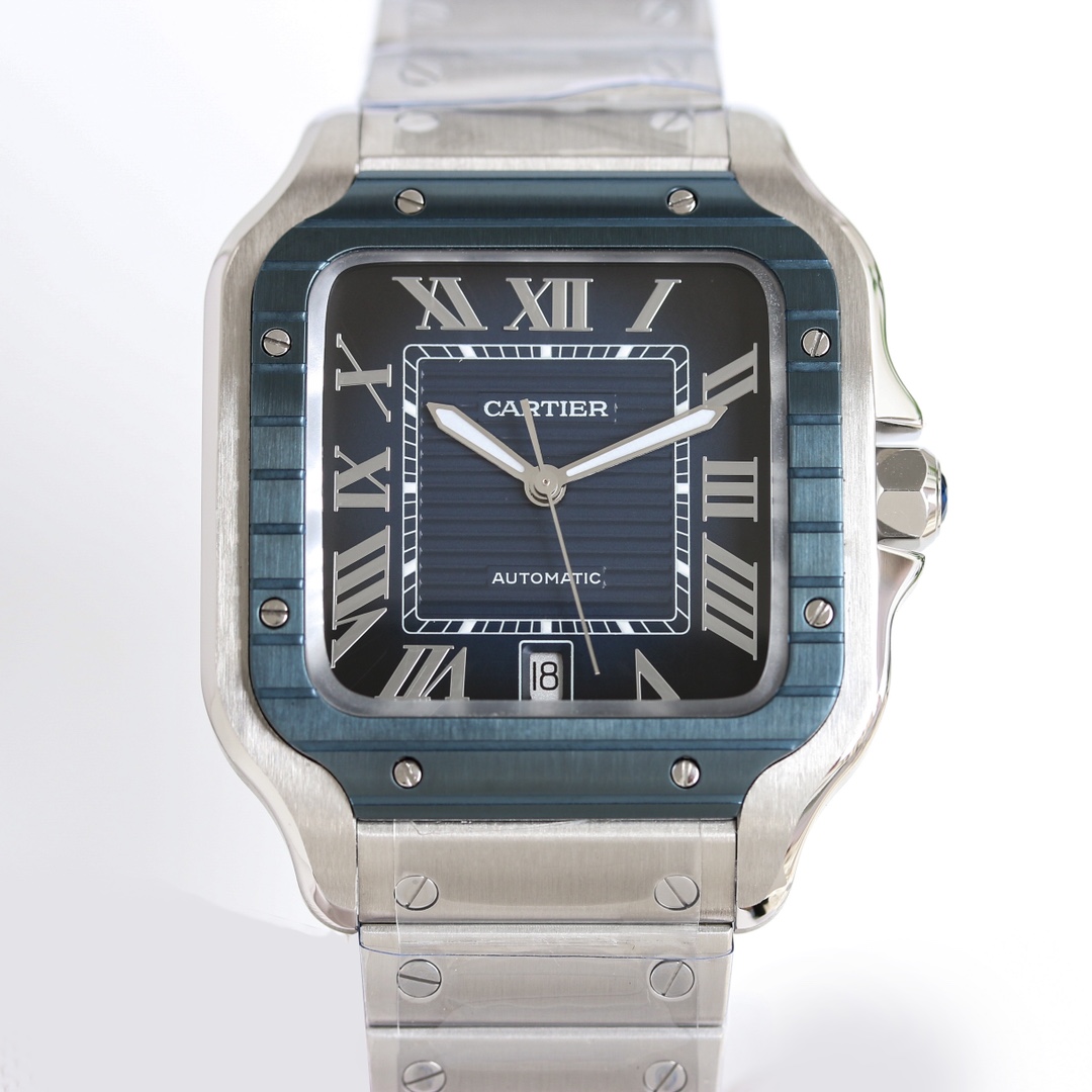 BVF Super Clone Santos Large Size | Blue Silver Striped Case | Blue Black Dial & Steel Strap