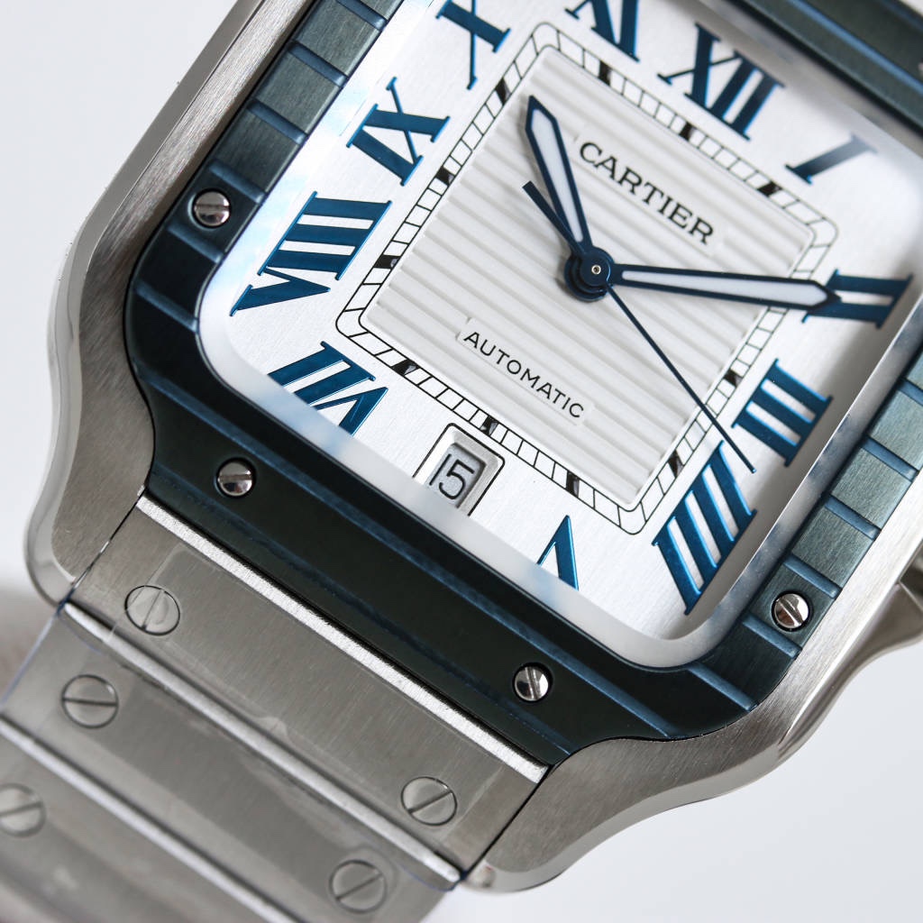 BVF Super Clone Santos Large Size | Blue Silver Striped Case | White Dial & Steel Strap