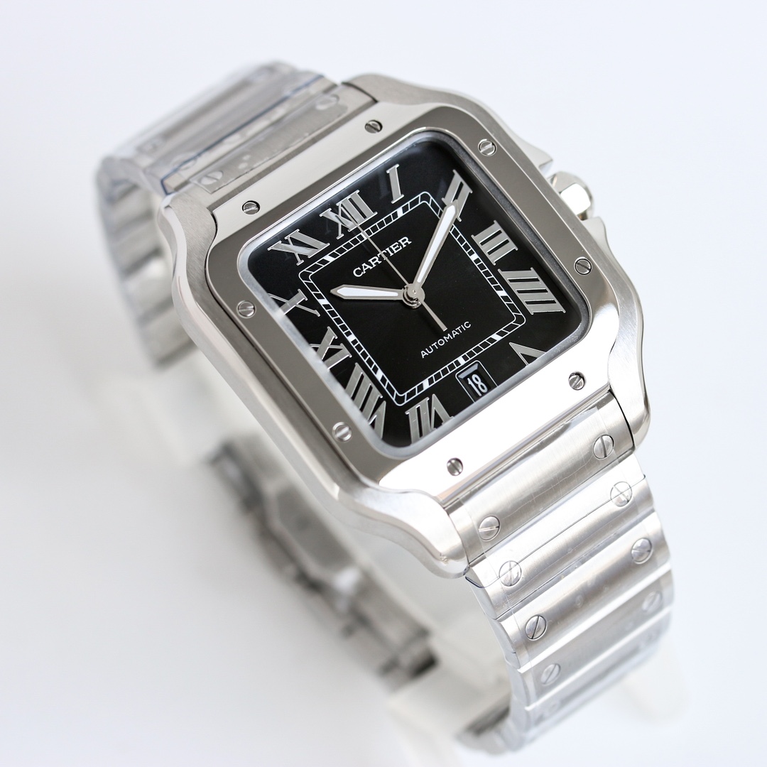 BVF Super Clone Santos Large Size | Silver Case | Black Dial & Steel Strap