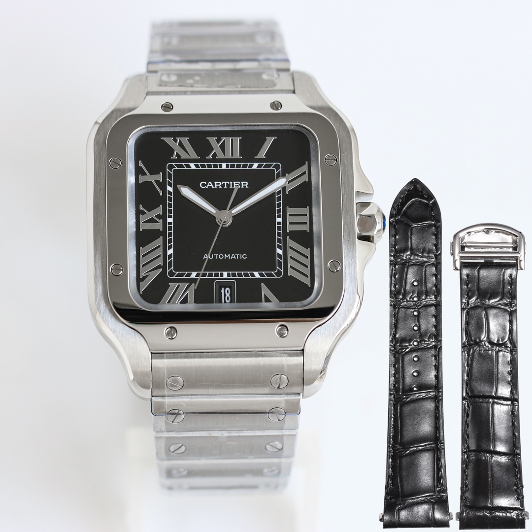 BVF Super Clone Santos Large Size | Silver Case | Black Dial & Steel Strap
