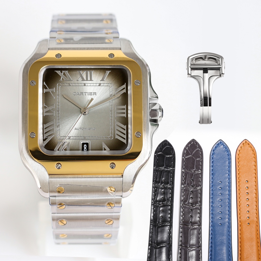 BVF Super Clone Santos Large Size | Gold Silver Case | Black Silver Dial & Steel Strap