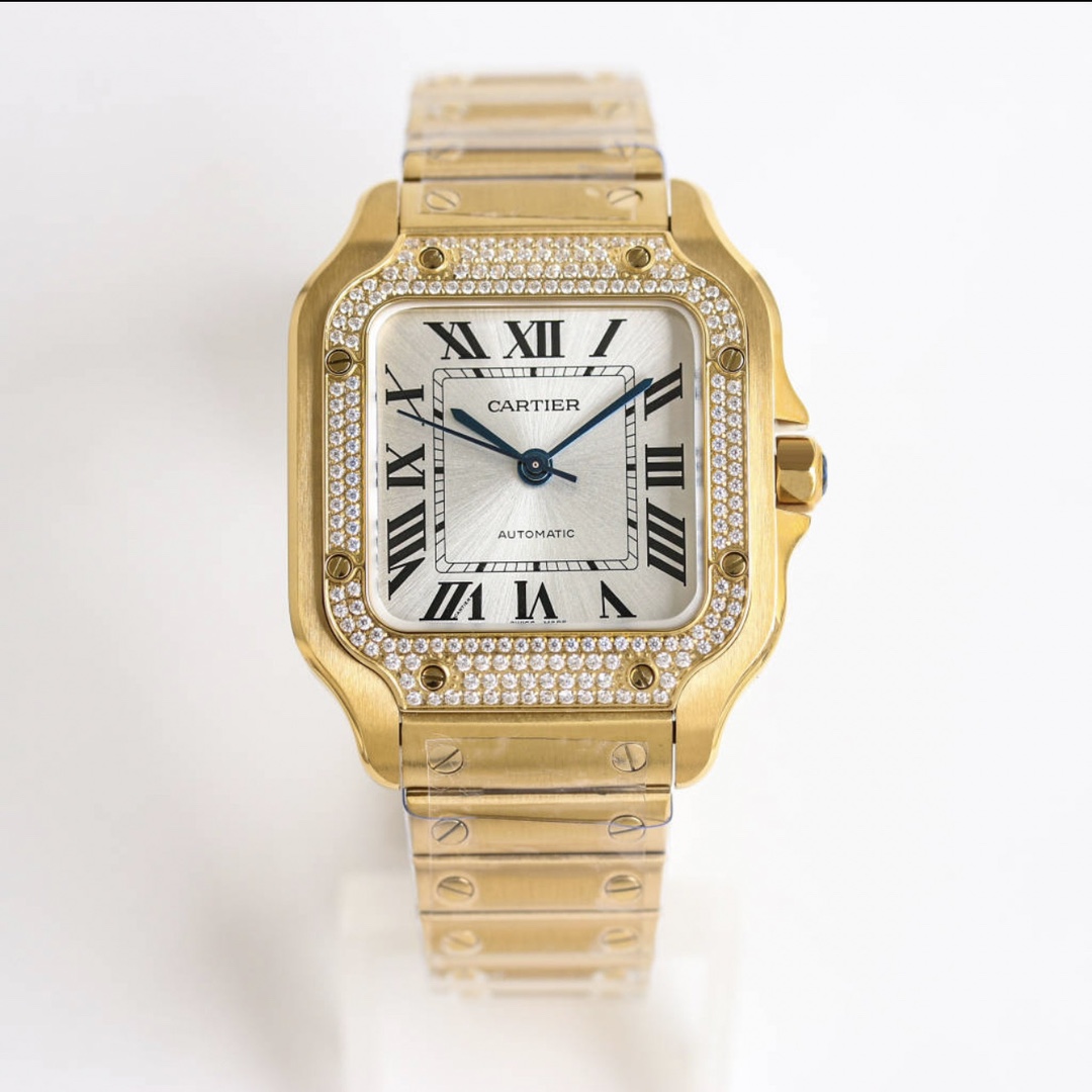 BVF Super Clone Santos | Gold Case with Diamonds | White Dial & Steel Strap
