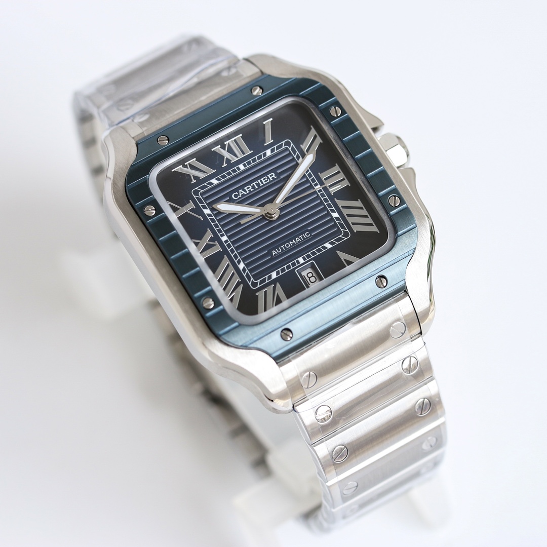 BVF Super Clone Santos Large Size | Blue Silver Striped Case | Blue Black Dial & Steel Strap