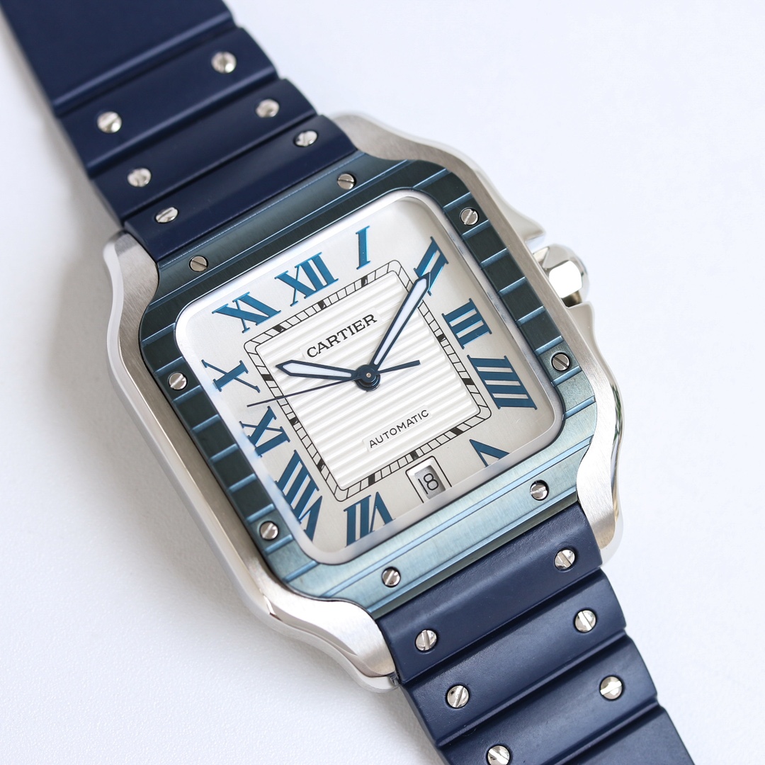 BVF Super Clone Santos Large Size | Blue Silver Case | White Dial & Blue Plastic Strap