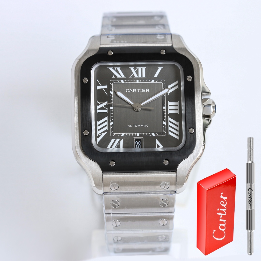 BVF Super Clone Santos Large Size | Black Silver Case | Black Dial & Steel Strap