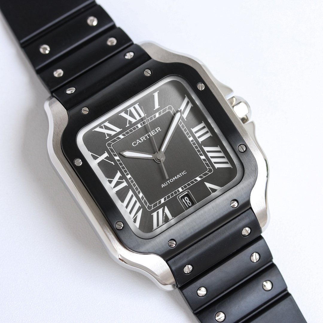 BVF Super Clone Santos Large Size | Black Silver Case | Black Dial & Black Plastic Strap