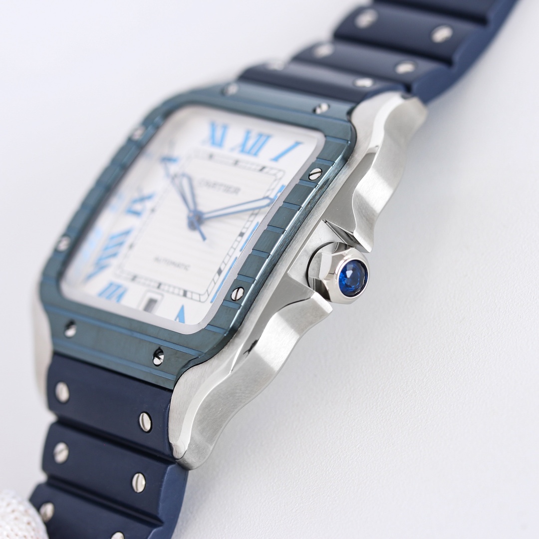 BVF Super Clone Santos Large Size | Blue Silver Case | White Dial & Blue Plastic Strap