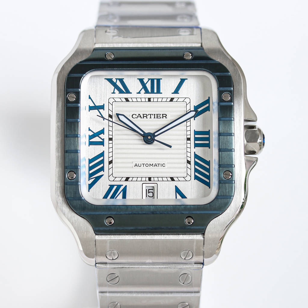 BVF Super Clone Santos Large Size | Blue Silver Striped Case | White Dial & Steel Strap