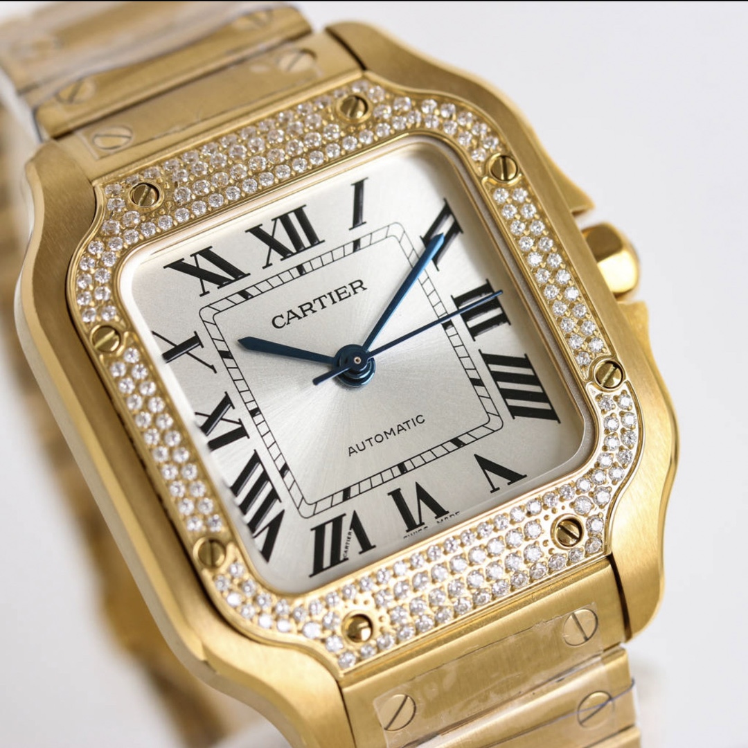 BVF Super Clone Santos | Gold Case with Diamonds | White Dial & Steel Strap