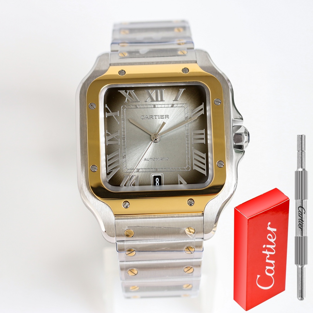 BVF Super Clone Santos Large Size | Gold Silver Case | Black Silver Dial & Steel Strap