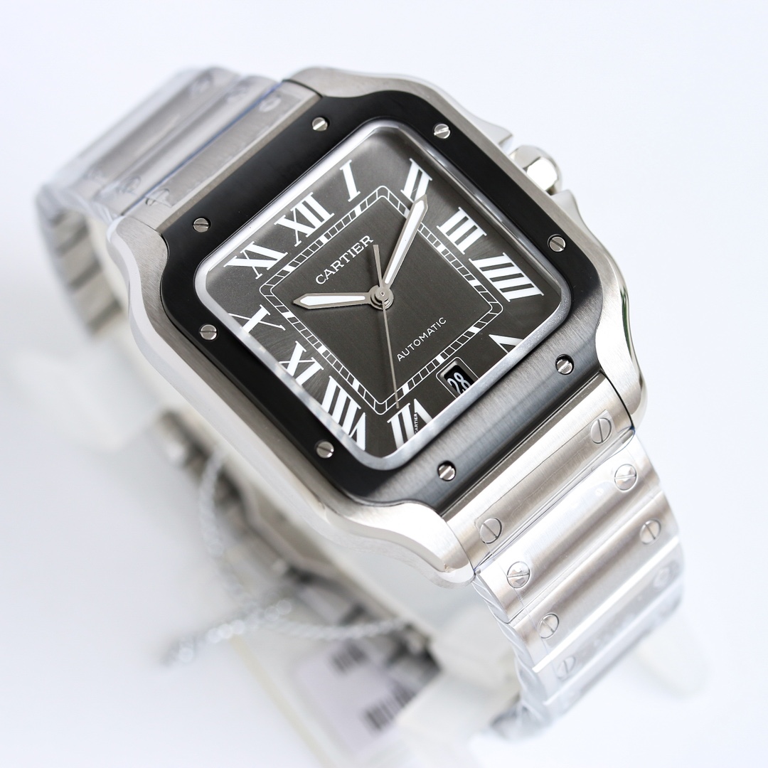 BVF Super Clone Santos Large Size | Black Silver Case | Black Dial & Steel Strap