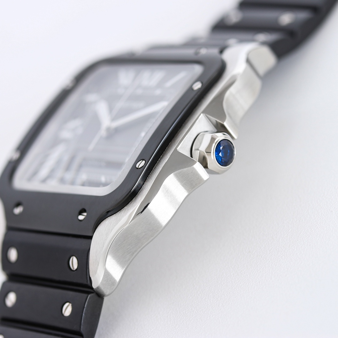 BVF Super Clone Santos Large Size | Black Silver Case | Black Dial & Black Plastic Strap