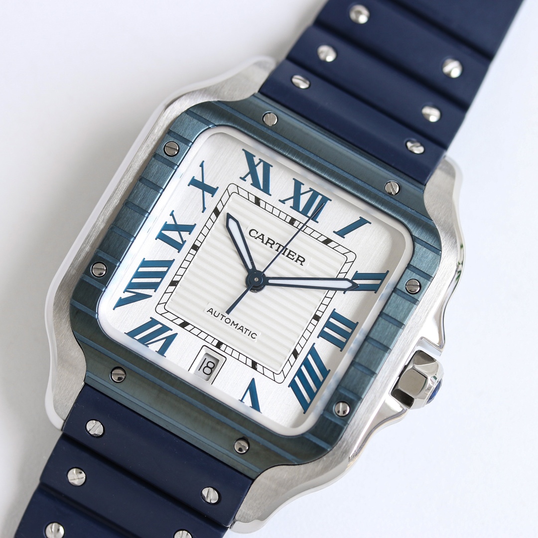 BVF Super Clone Santos Large Size | Blue Silver Case | White Dial & Blue Plastic Strap