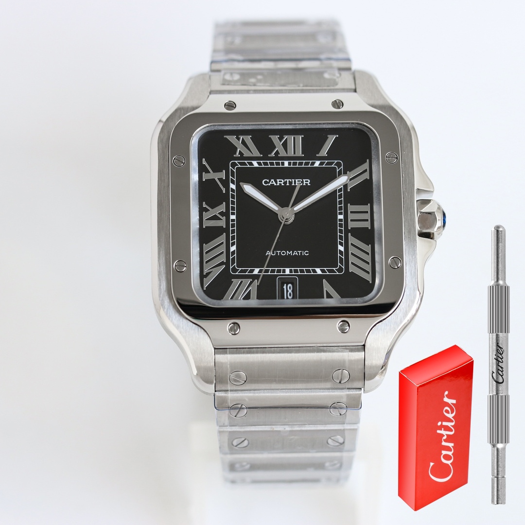 BVF Super Clone Santos Large Size | Silver Case | Black Dial & Steel Strap