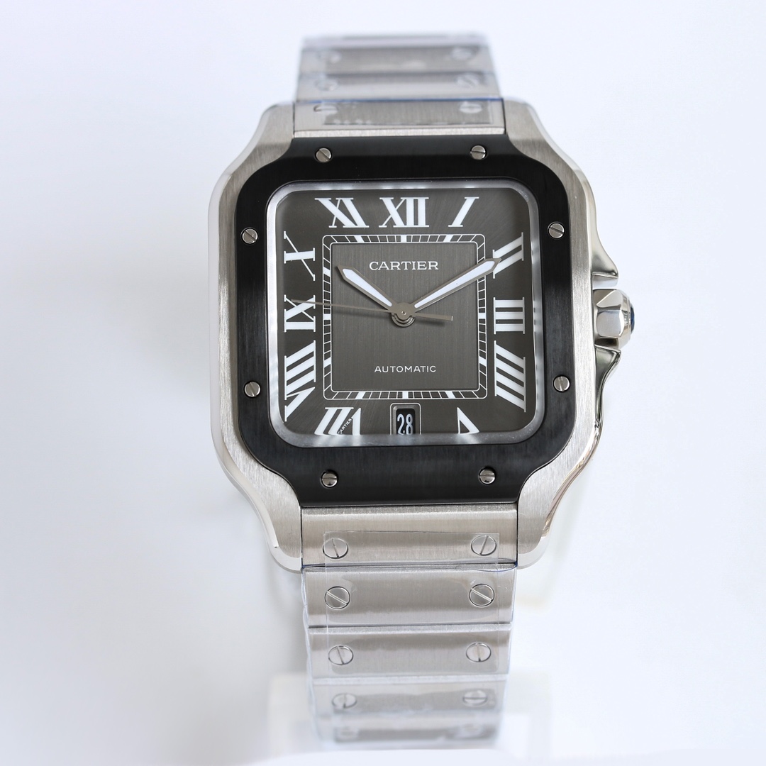 BVF Super Clone Santos Large Size | Black Silver Case | Black Dial & Steel Strap