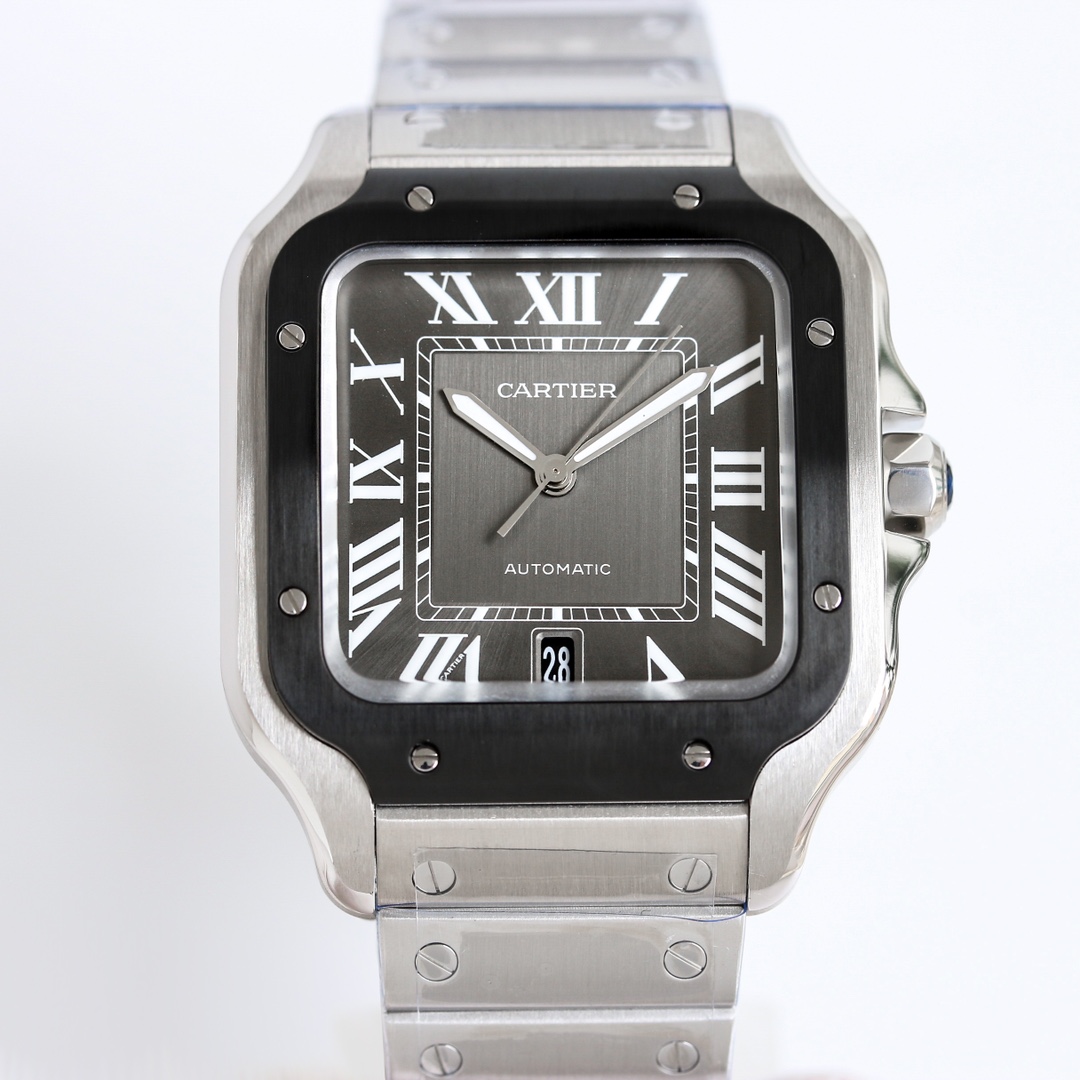 BVF Super Clone Santos Large Size | Black Silver Case | Black Dial & Steel Strap