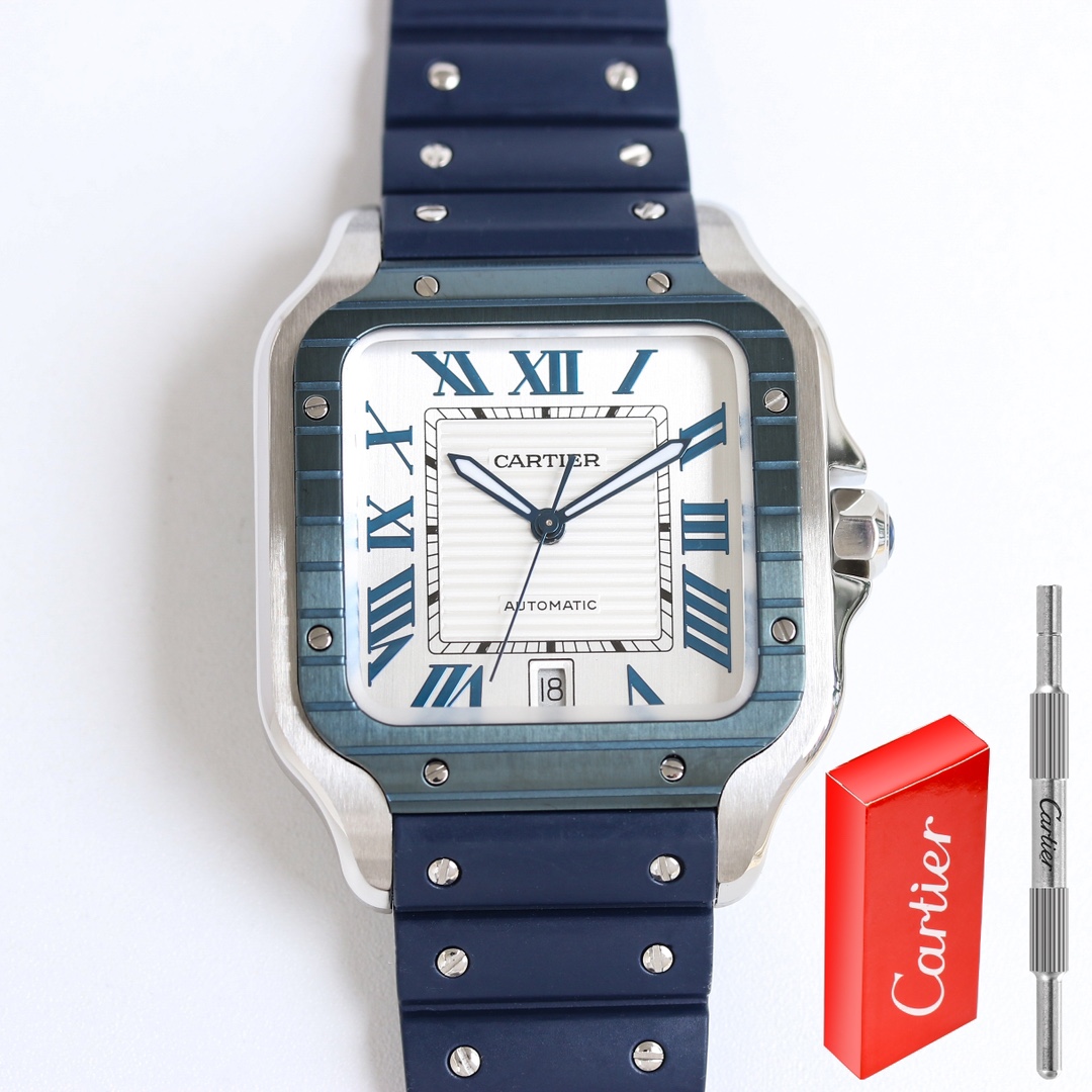BVF Super Clone Santos Large Size | Blue Silver Case | White Dial & Blue Plastic Strap