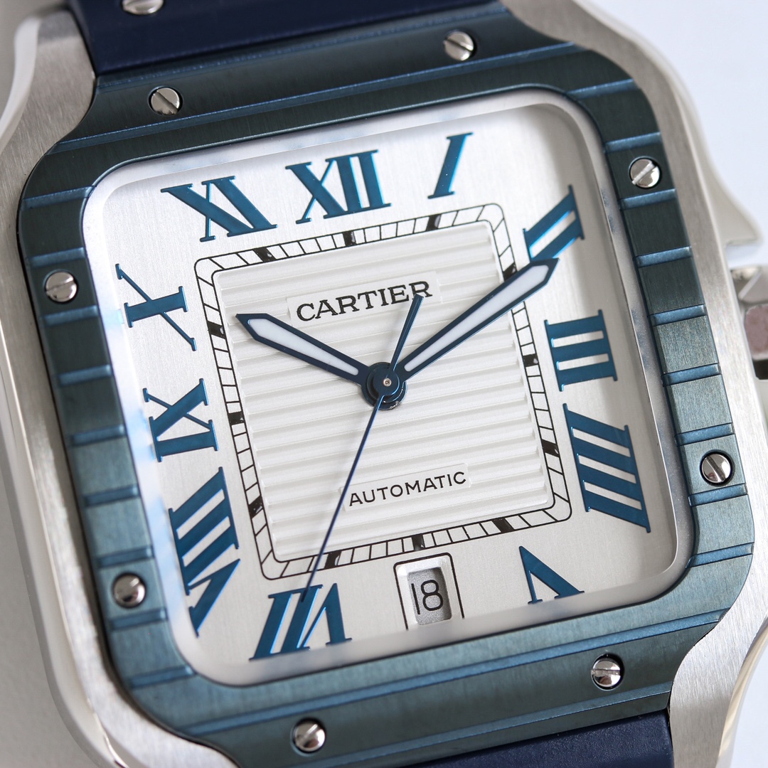 BVF Super Clone Santos Large Size | Blue Silver Case | White Dial & Blue Plastic Strap