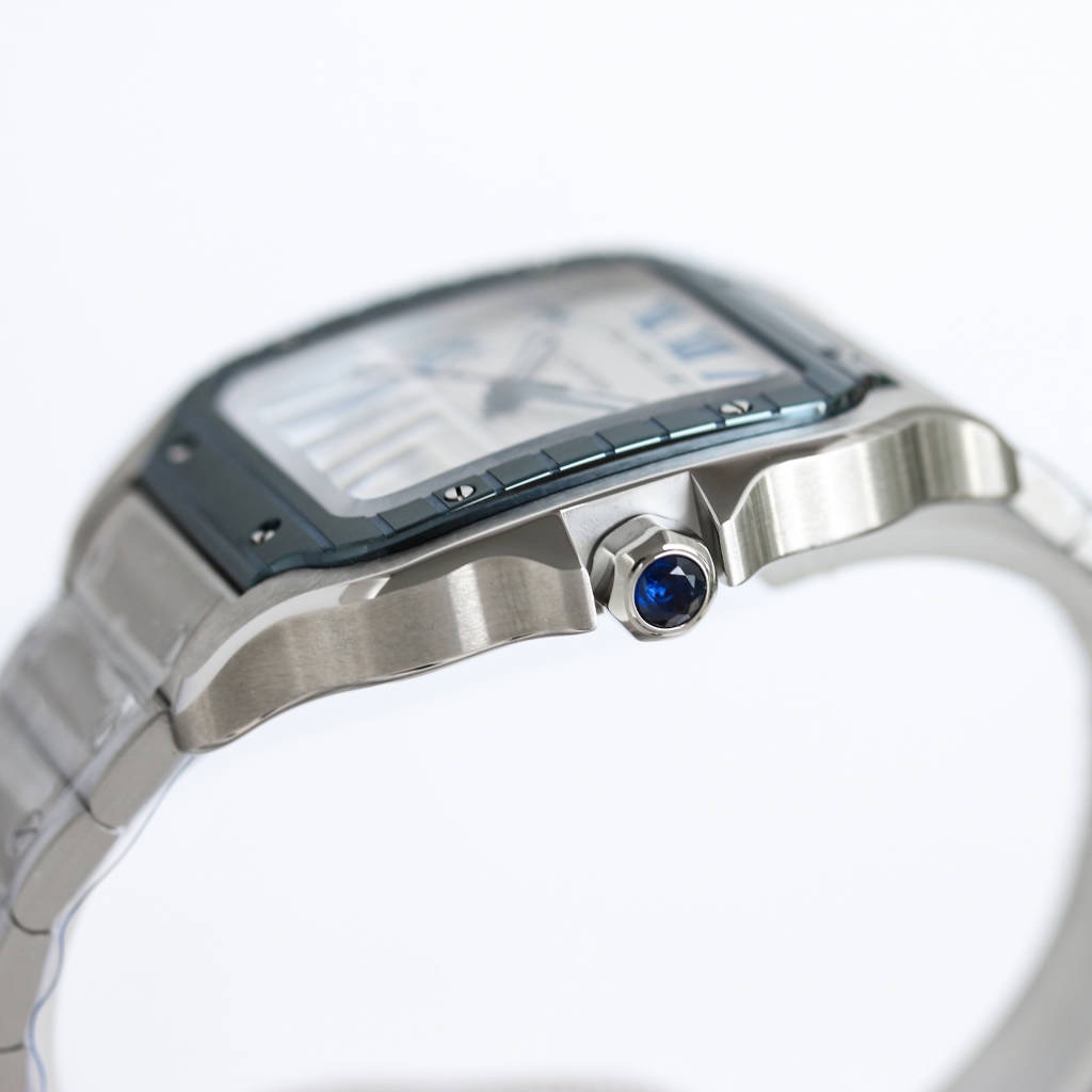 BVF Super Clone Santos Large Size | Blue Silver Striped Case | White Dial & Steel Strap
