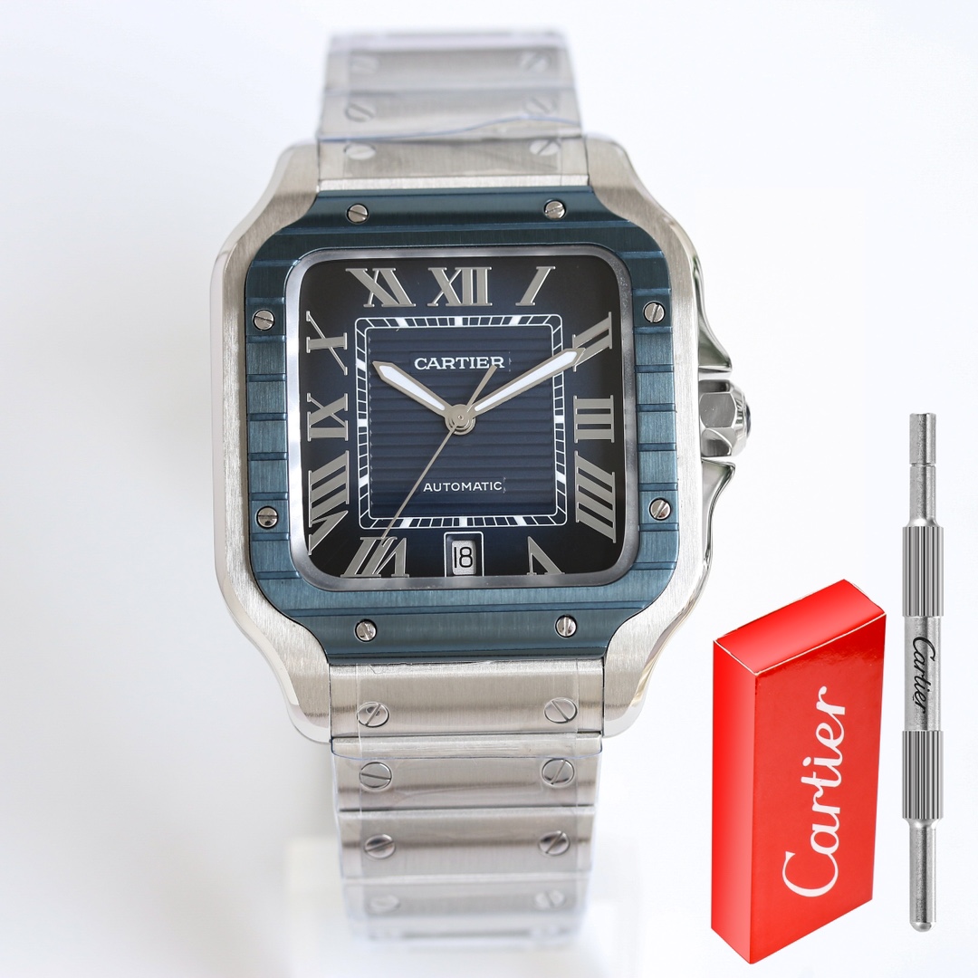 BVF Super Clone Santos Large Size | Blue Silver Striped Case | Blue Black Dial & Steel Strap