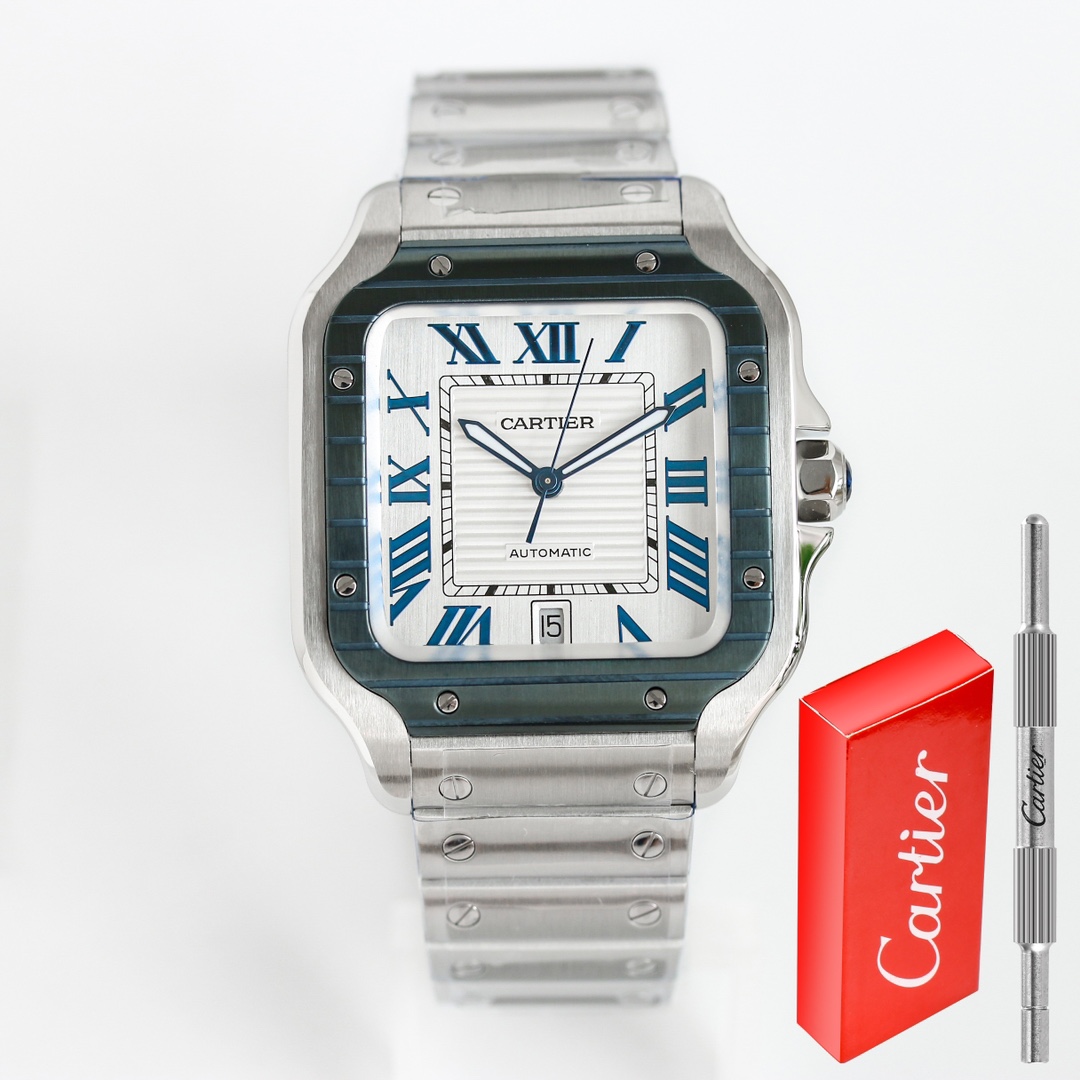 BVF Super Clone Santos Large Size | Blue Silver Striped Case | White Dial & Steel Strap