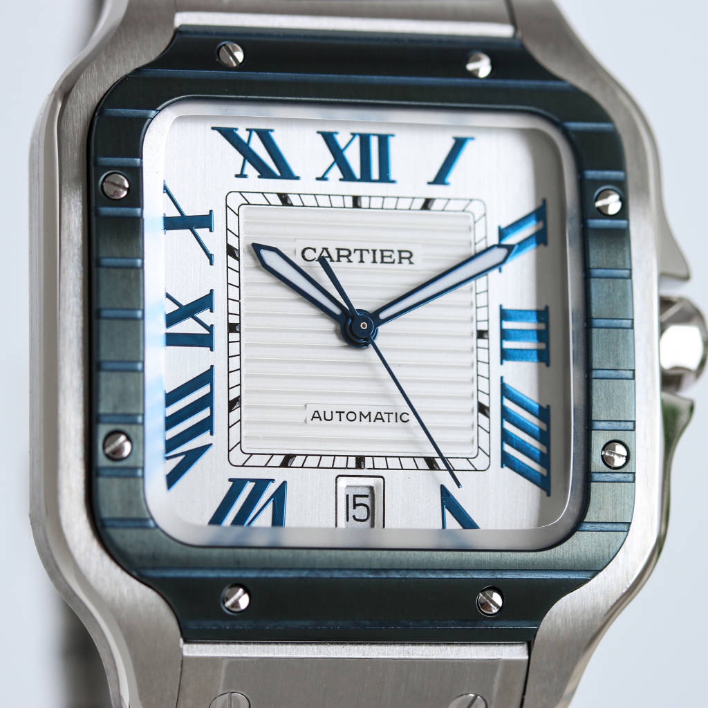 BVF Super Clone Santos Large Size | Blue Silver Striped Case | White Dial & Steel Strap