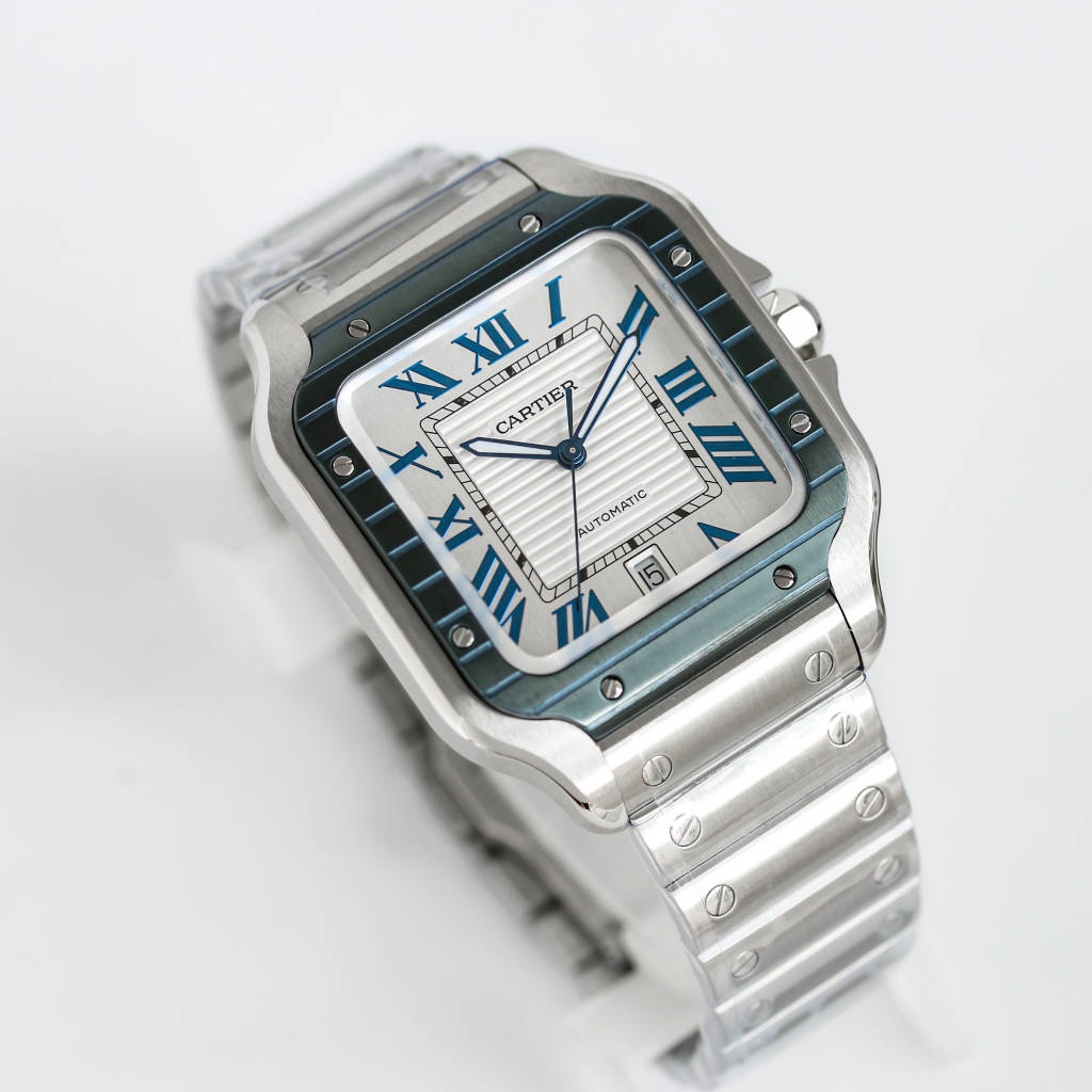 BVF Super Clone Santos Large Size | Blue Silver Striped Case | White Dial & Steel Strap