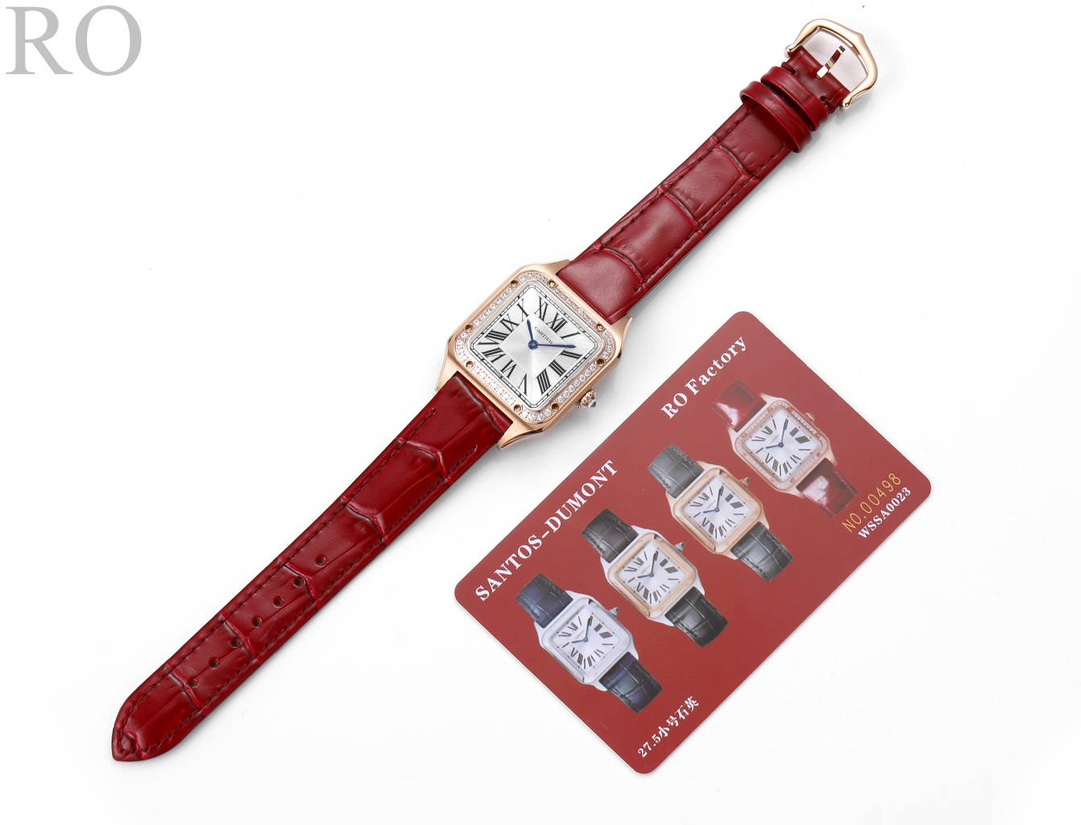 Super Clone | RO Factory Ladies Santos-Dumont Watch Small Model Rose Gold Diamond Bezel Red Strap