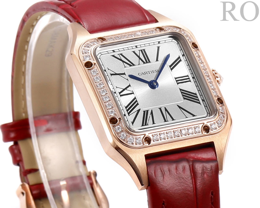 Super Clone | RO Factory Ladies Santos-Dumont Watch Small Model Rose Gold Diamond Bezel Red Strap