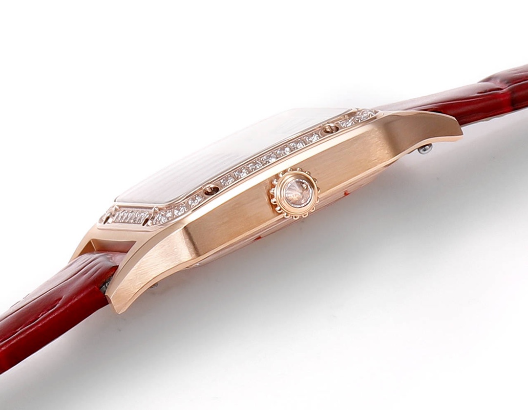 Super Clone | RO Factory Ladies Santos-Dumont Watch Small Model Rose Gold Diamond Bezel Red Strap