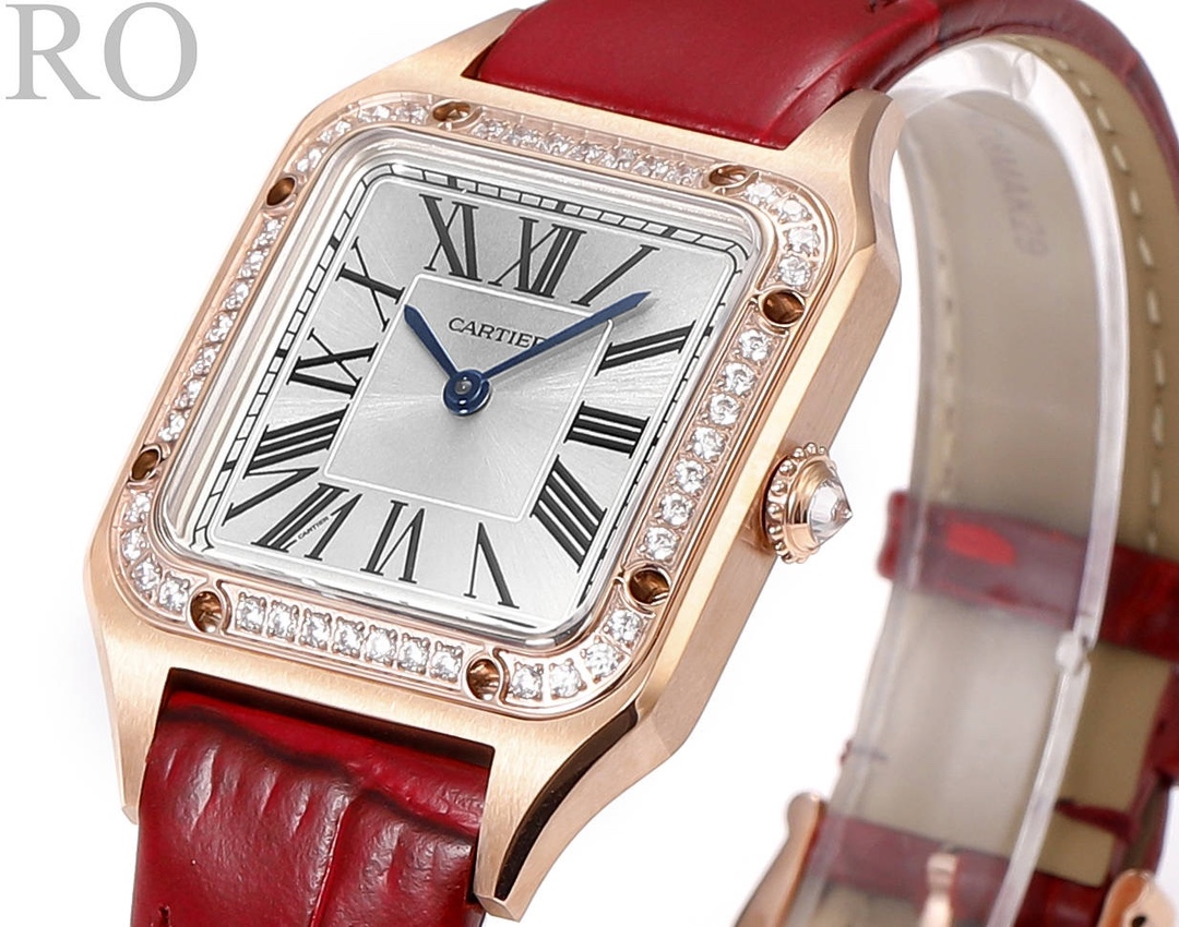 Super Clone | RO Factory Ladies Santos-Dumont Watch Small Model Rose Gold Diamond Bezel Red Strap