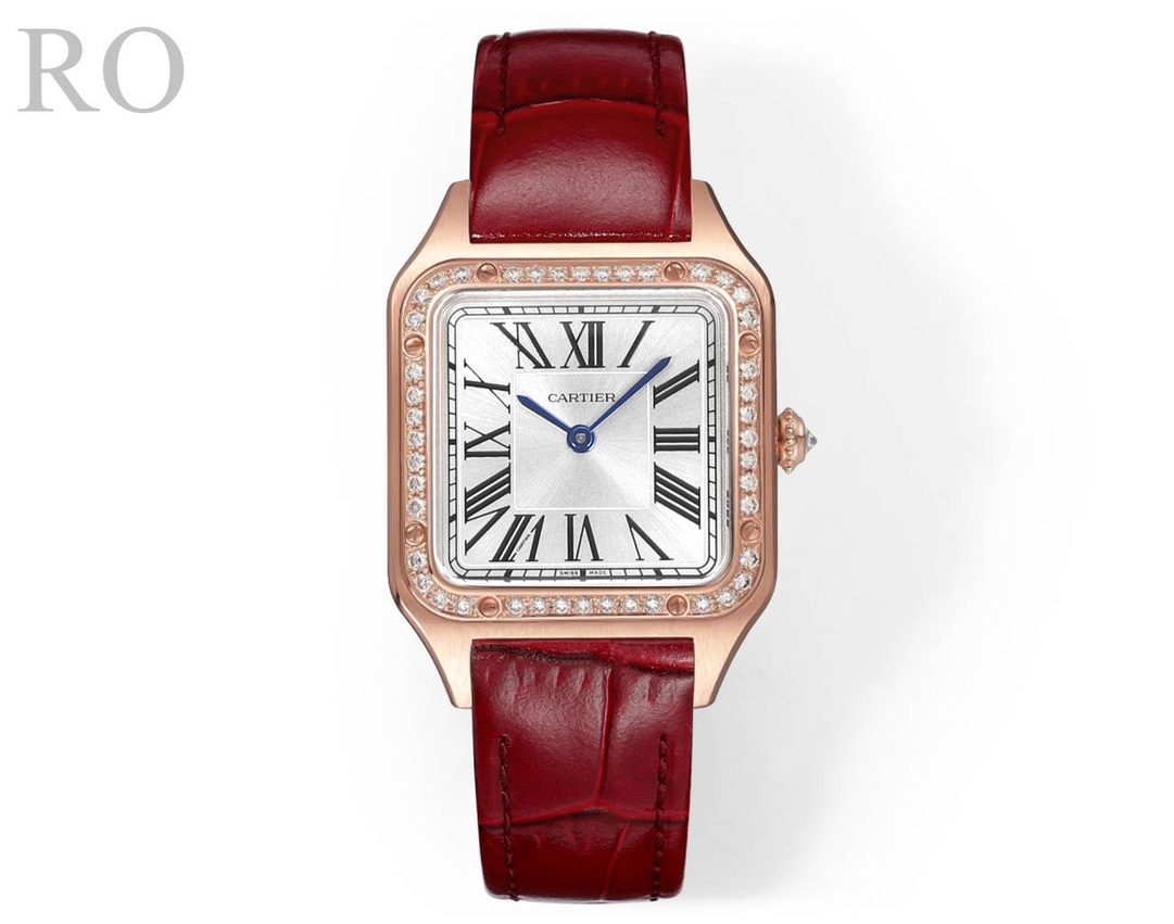 Super Clone | RO Factory Ladies Santos-Dumont Watch Small Model Rose Gold Diamond Bezel Red Strap
