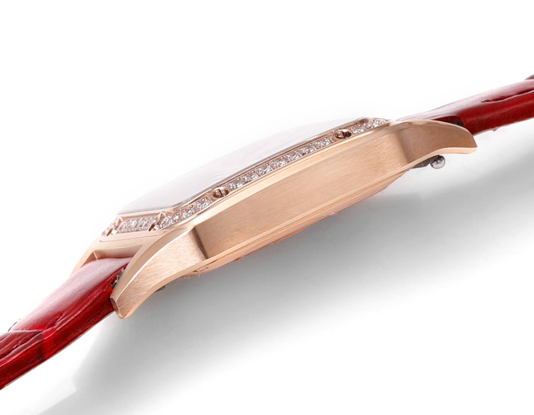 Super Clone | RO Factory Ladies Santos-Dumont Watch Small Model Rose Gold Diamond Bezel Red Strap
