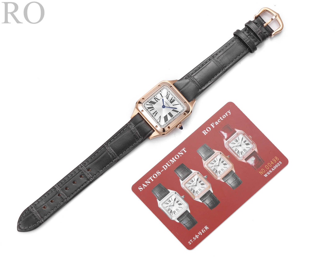 Super Clone | RO Factory Santos-Dumont Watch Small Model Rose Gold Case Black Strap