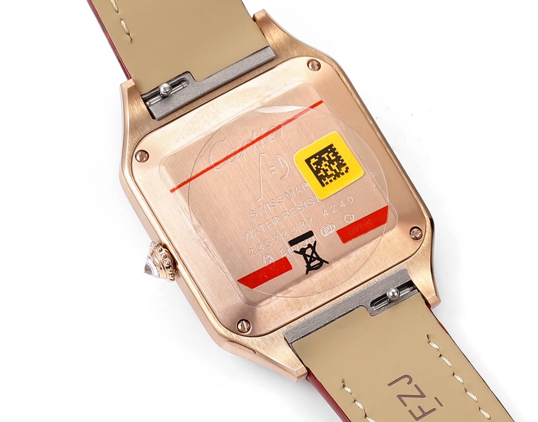 Super Clone | RO Factory Ladies Santos-Dumont Watch Small Model Rose Gold Diamond Bezel Red Strap