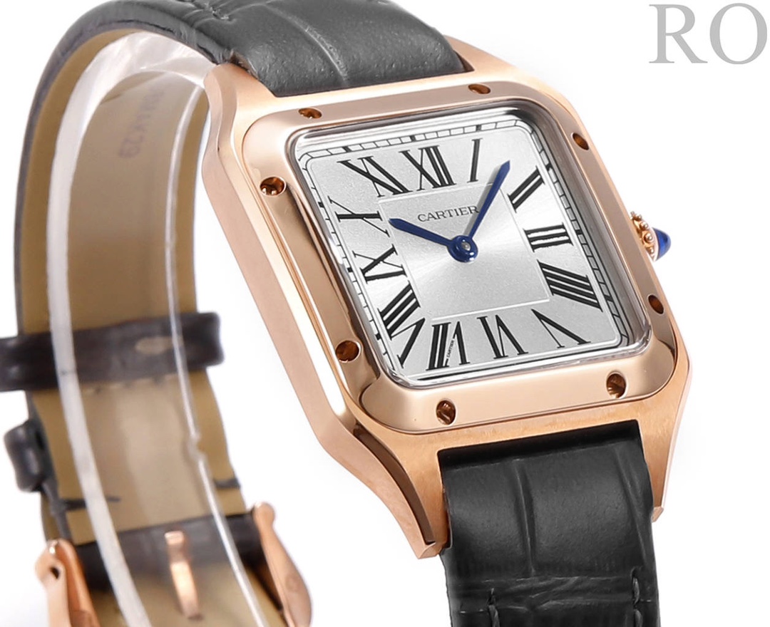 Super Clone | RO Factory Santos-Dumont Watch Small Model Rose Gold Case Black Strap