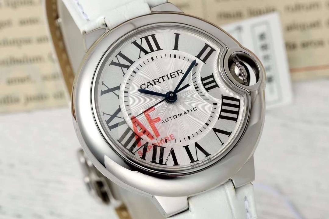 AF Factory Ballon Bleu Watch 33mm Silver Case Silver Dial White Leather Strap