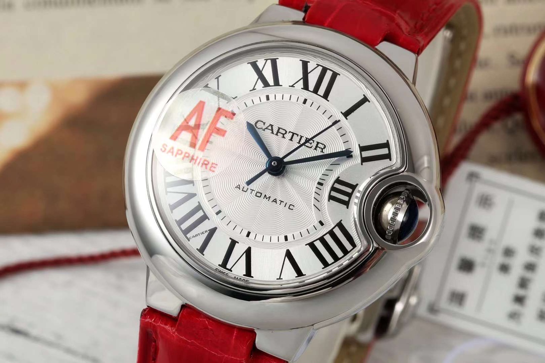 AF Factory Ballon Bleu Watch 33mm Silver Case Silver Dial Bright Red Leather Strap