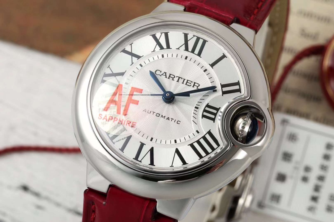 AF Factory Ballon Bleu Watch 33mm Silver Case Silver Dial Dark Red Leather Strap
