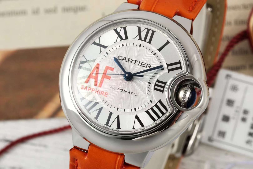 AF Factory Ballon Bleu Watch 33mm Silver Case White Dial Orange Leather Strap