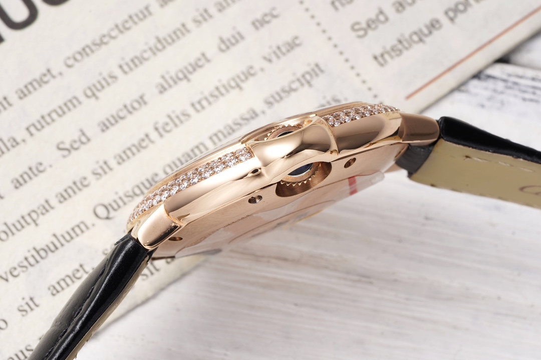 AF Factory Ballon Bleu Watch 33mm Rose Gold Diamond Case Black Leather Strap