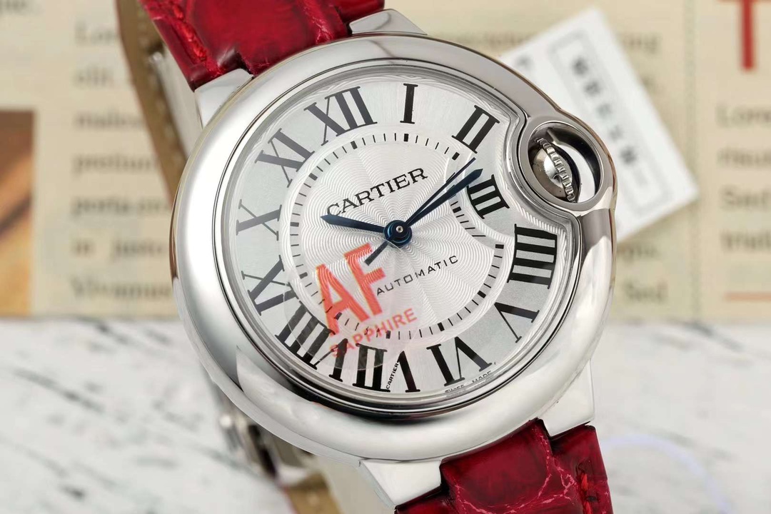 AF Factory Ballon Bleu Watch 33mm Silver Case Silver Dial Burgundy Leather Strap