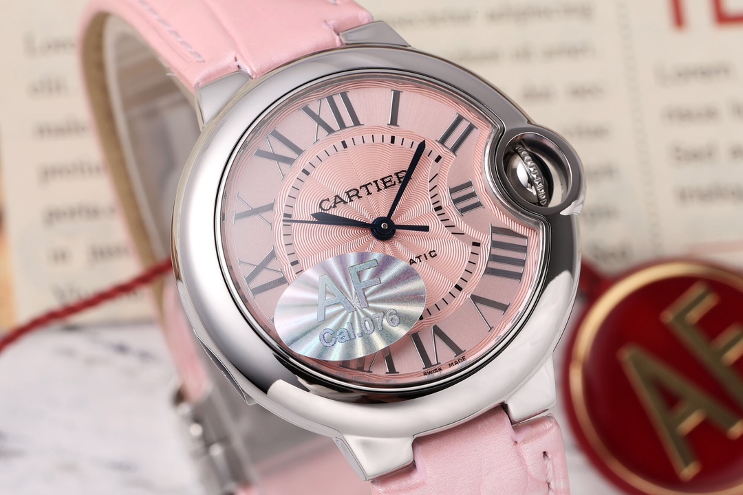 AF Factory Ballon Bleu Watch 33mm Silver Case Pink Dial Pink Leather Strap