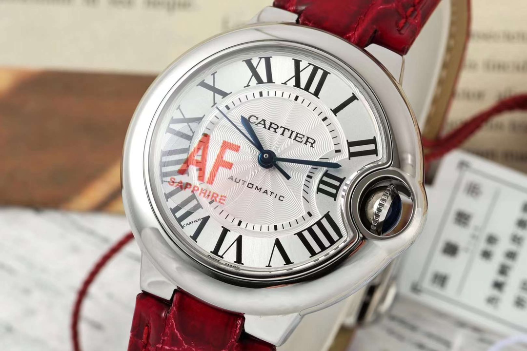 AF Factory Ballon Bleu Watch 33mm Silver Case Silver Dial Burgundy Leather Strap