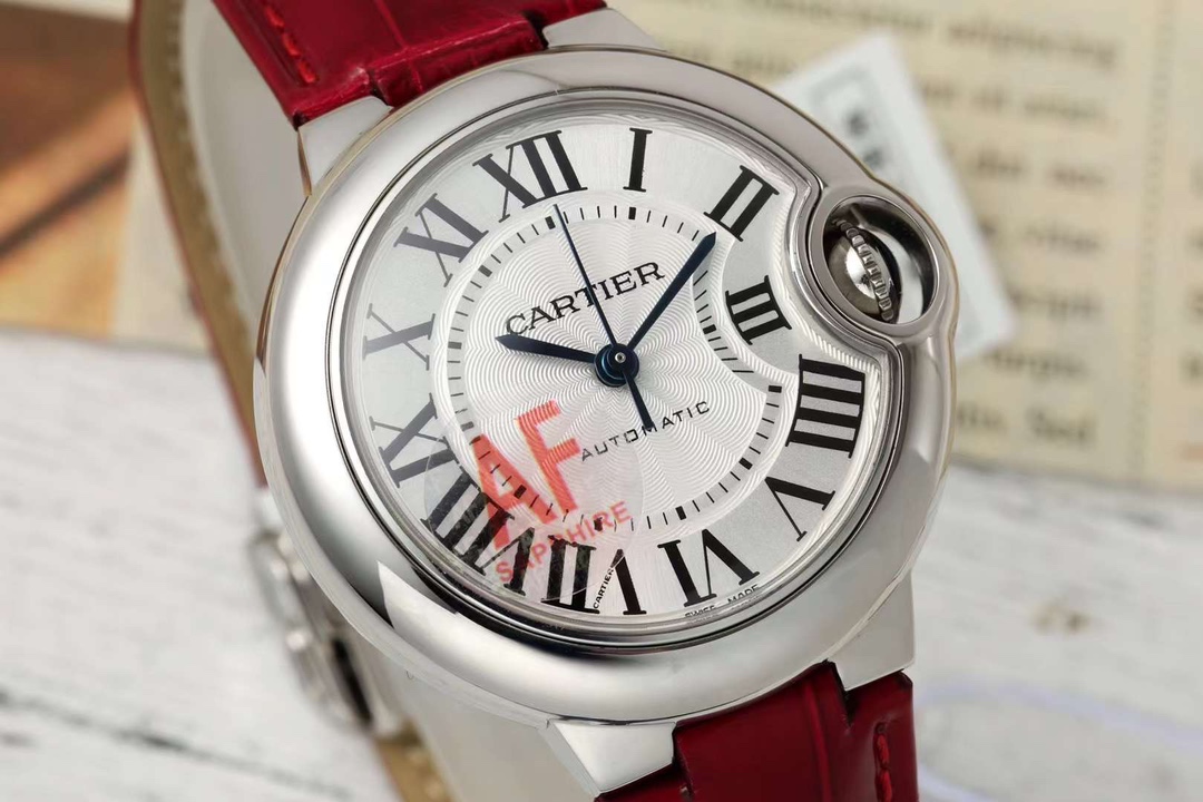 AF Factory Ballon Bleu Watch 33mm Silver Case Silver Dial Dark Red Leather Strap