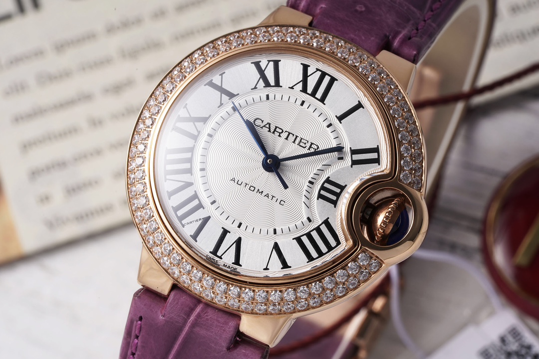 AF Factory Ballon Bleu Watch 33mm Rose Gold Diamond Case Purple Leather Strap
