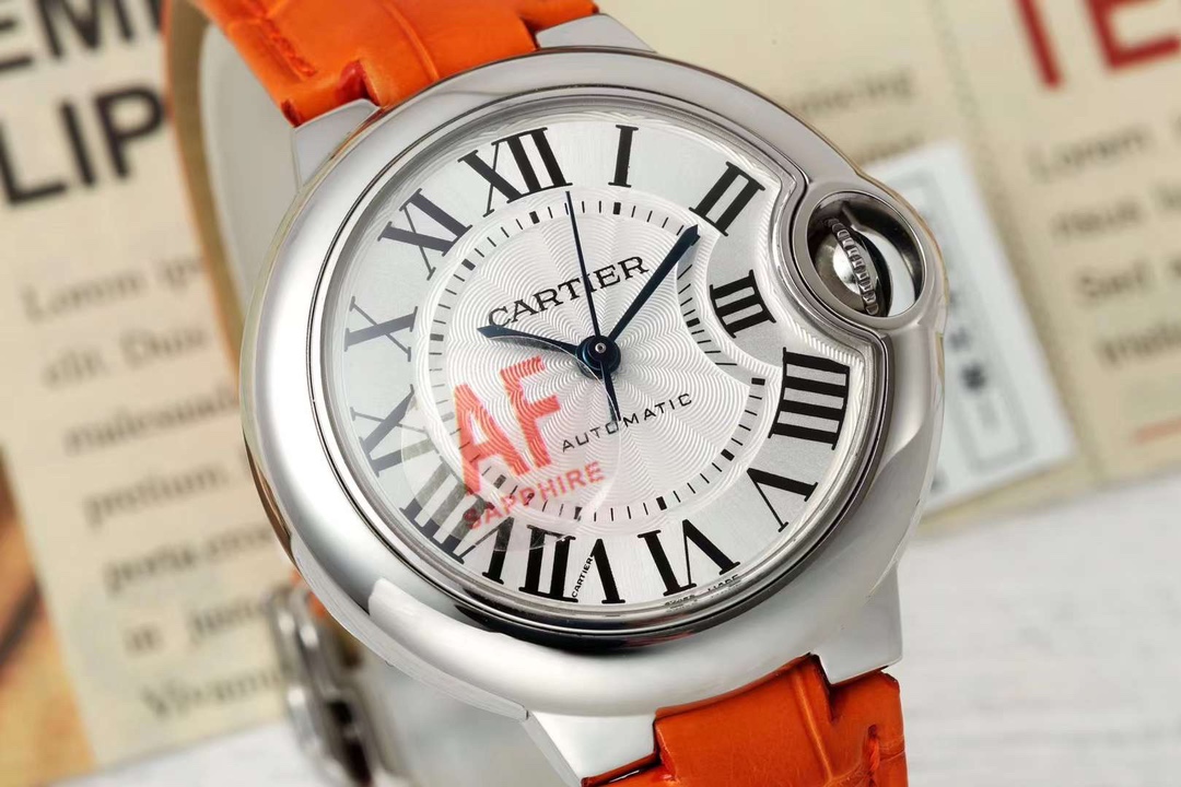 AF Factory Ballon Bleu Watch 33mm Silver Case White Dial Orange Leather Strap
