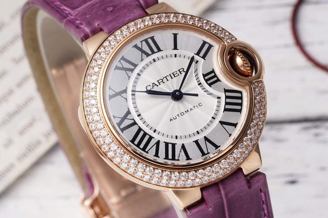 AF Factory Ballon Bleu Watch 33mm Rose Gold Diamond Case Purple Leather Strap