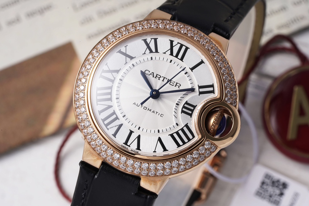 AF Factory Ballon Bleu Watch 33mm Rose Gold Diamond Case Black Leather Strap