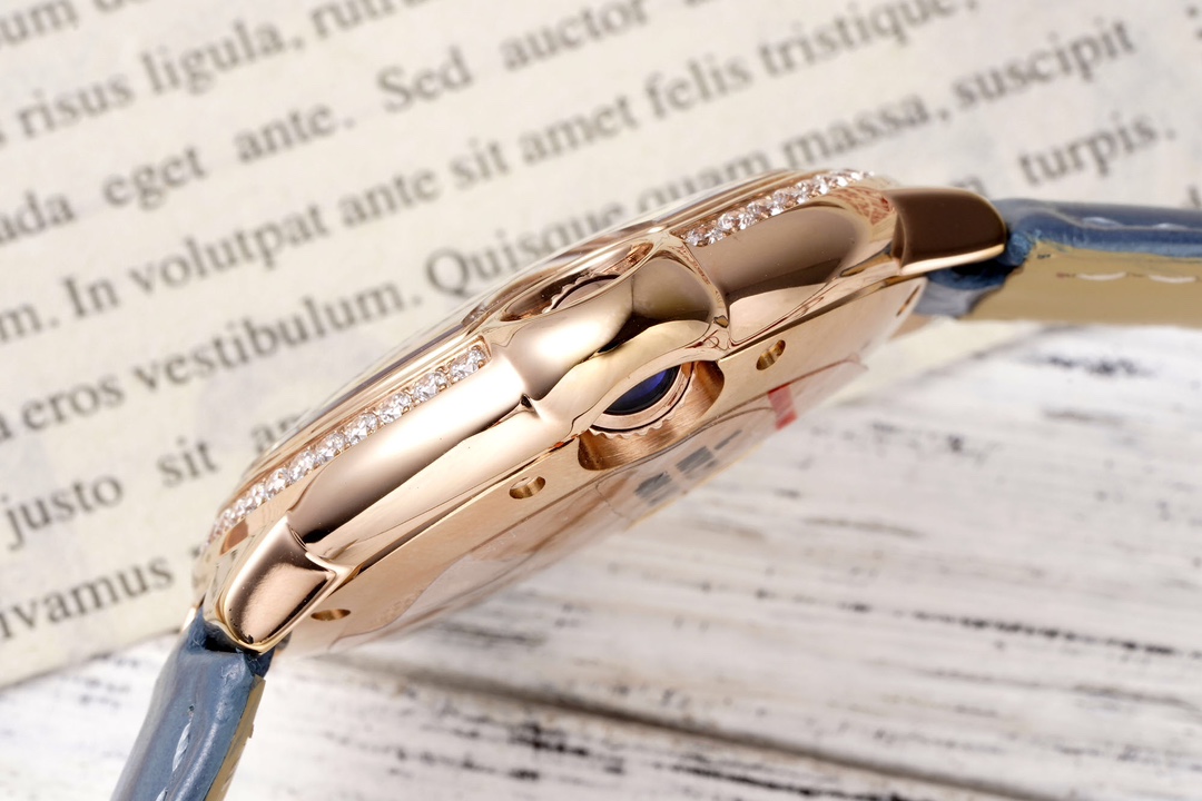 AF Factory Ballon Bleu Watch 33mm Rose Gold Diamond Case Rose Gold Dial Blue Leather Strap